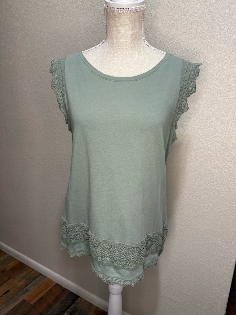 Talbots - Sleeveless Lace-Trim Knit Top - Sage Green - Size LP